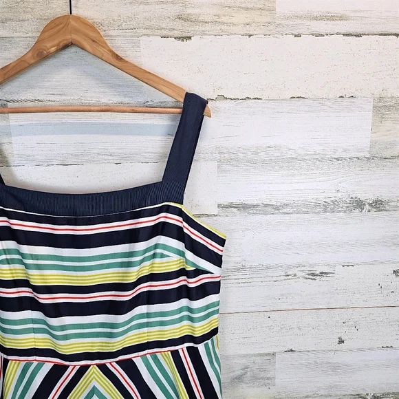 Boden Striped Fit & Flare Dress 16 Cotton Lined Square Neck Nautical Summer Boden Striped Fit & Flare Dress 16 Cotton Lined Square Neck Nautical Summer